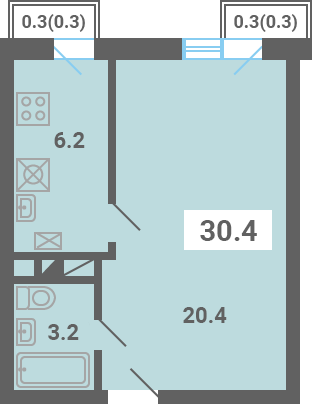 Планировка 1-комнатной квартиры 30.4 м²