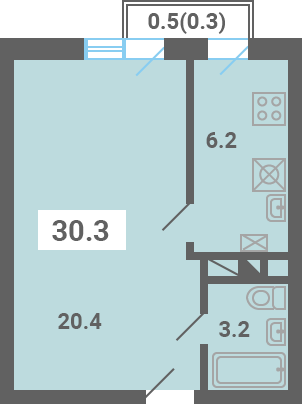 Планировка 1-комнатной квартиры 30.3 м²