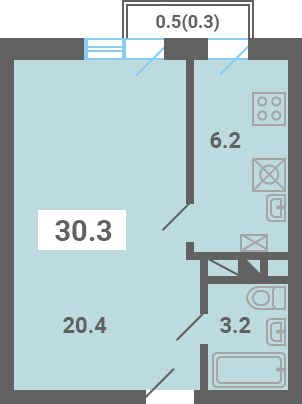 Планировка 1-комнатной квартиры 30.3 м²